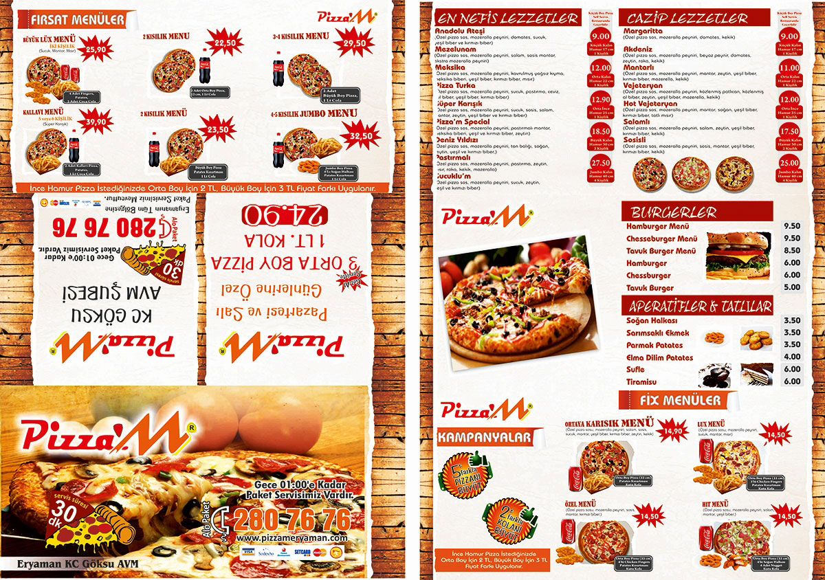 Pizza M, Izgara, Aparatif, Burger,Kahvaltı, Makarna, Tatlı,