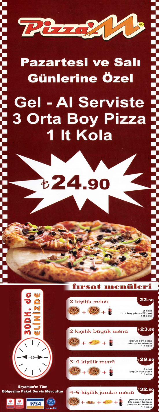 Pizza M, Izgara, Aparatif, Burger,Kahvaltı, Makarna, Tatlı,